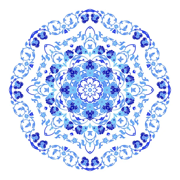 Indisches rundes Ornament, kaleidoskopisches Blumenmuster, Mandala. Design in russischem Gzhel-Stil und Farben — Stockvektor