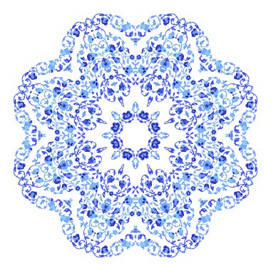 Hint takı, sürekli değişen çiçek desenli, mandala yuvarlak. Rus gzhel stil ve renkleri yapılan tasarım