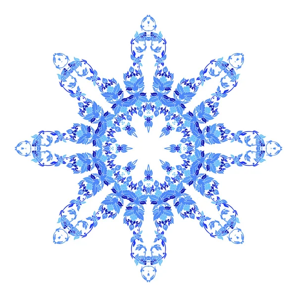 Ornement rond indien, motif floral kaléidoscopique, mandala. Design fabriqué dans le style et les couleurs gzhel russe — Image vectorielle