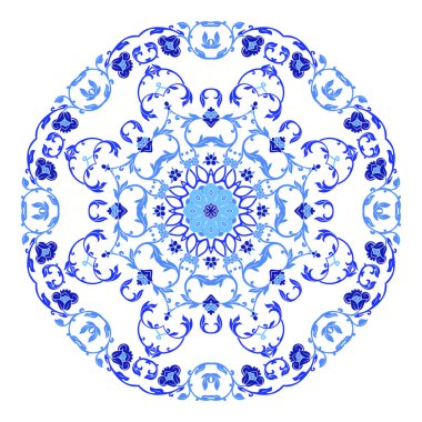 Hint takı, sürekli değişen çiçek desenli, mandala yuvarlak. Rus gzhel stil ve renkleri yapılan tasarım