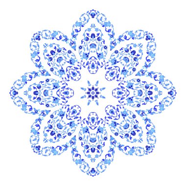 Hint takı, sürekli değişen çiçek desenli, mandala yuvarlak. Rus gzhel stil ve renkleri yapılan tasarım