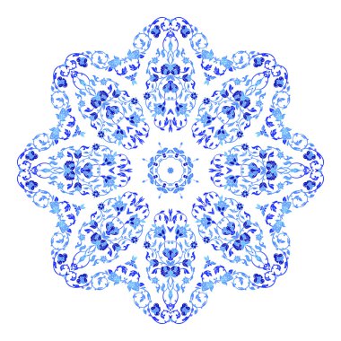 Hint takı, sürekli değişen çiçek desenli, mandala yuvarlak. Rus gzhel stil ve renkleri yapılan tasarım