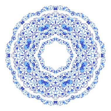 Hint takı, sürekli değişen çiçek desenli, mandala yuvarlak. Rus gzhel stil ve renkleri yapılan tasarım