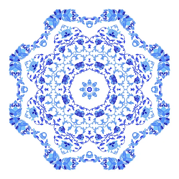 Indisches rundes Ornament, kaleidoskopisches Blumenmuster, Mandala. Design in russischem Gzhel-Stil und Farben — Stockvektor