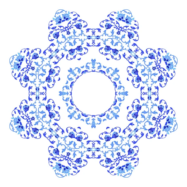 Adorno indio redondo, patrón floral caleidoscópico, mandala. Diseño hecho en estilo gzhel ruso y colores — Vector de stock