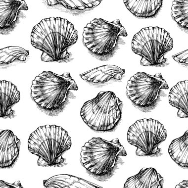 Deniz kabuklarını elle çizilmiş vektör grafik gravür kroki üzerinde izole beyaz arka plan, seamless modeli, sualtı sanatsal deniz süsleme, tasarım kartı, duvar kağıdı, dekoratif doku, ambalaj kağıdı için
