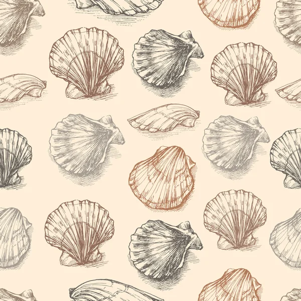 Seashells desenhado à mão vetor gráfico gravura esboço, padrão sem costura, ornamento marinho artístico subaquático, design para cartão, papel de parede, textura decorativa, papel de embrulho — Vetor de Stock