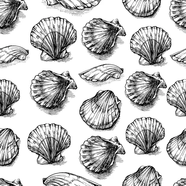 Seashells dibujado a mano vector gráfico grabado boceto aislado sobre fondo blanco, patrón sin costuras, ornamento marino artístico submarino, diseño para tarjeta, papel pintado, textura decorativa, papel de envolver — Archivo Imágenes Vectoriales