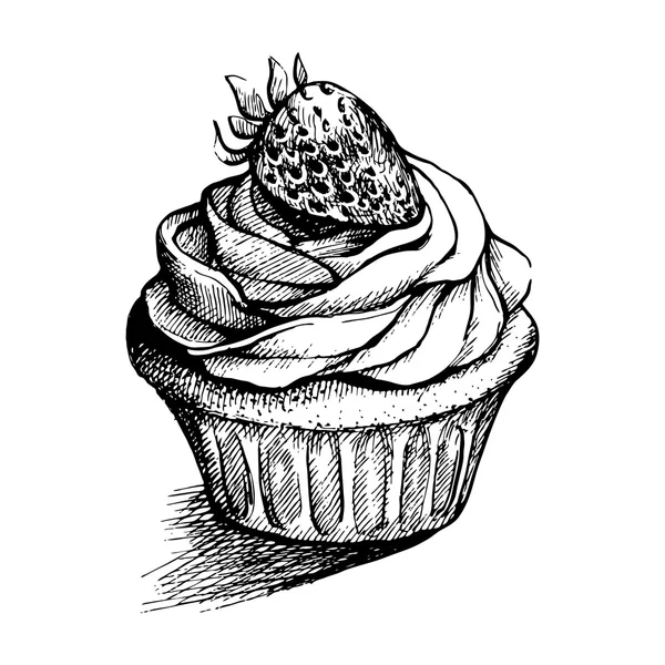 Vektor Schwarz-Weiß-Skizze Illustration von süßen süßen süßen süßen Cupcake mit Erdbeere. kann für Grußkarten oder Partyeinladungen verwendet werden — Stockvektor