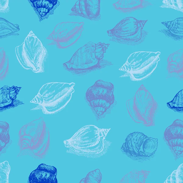 Vetor sem emenda esboço padrão de conchas fundo de íon azul. Animais marinhos desenhados à mão . — Vetor de Stock