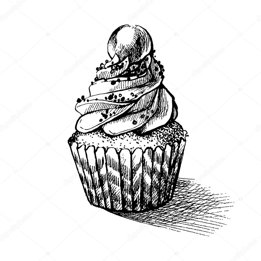 Vector black and white sketch illustration of cute cremy sweet cupcake. can be used for greeting cards or party invitations