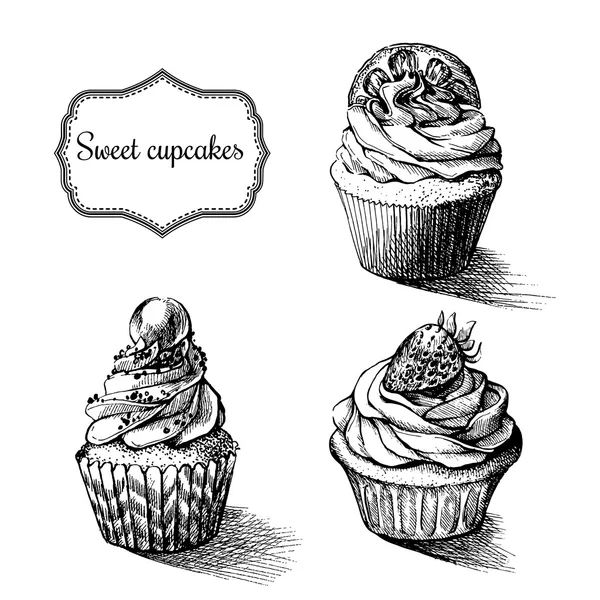 Vektor monochromen Hintergrund. handgezeichnete süße Cupcakes mit Zitrone. Erdbeere und Perle. Set für Grußkarte, Postkarte oder Malbuch für Erwachsene. niedliche Lebensmittel-Illustration. — Stockvektor
