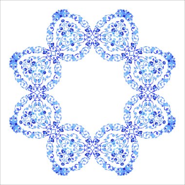 Hint takı, sürekli değişen çiçek desenli, mandala yuvarlak. Rus gzhel stil ve renkleri yapılan tasarım.