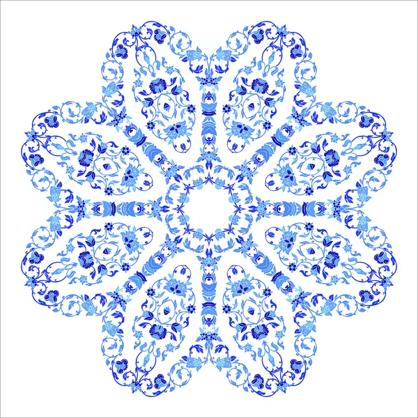 Indisches rundes Ornament, kaleidoskopisches Blumenmuster, Mandala. Design in russischem Gzhel-Stil und Farben. — Stockvektor