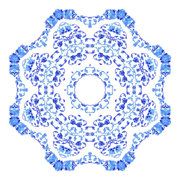 Adorno indio redondo, patrón floral caleidoscópico, mandala. Diseño hecho en estilo gzhel ruso y colores . — Vector de stock