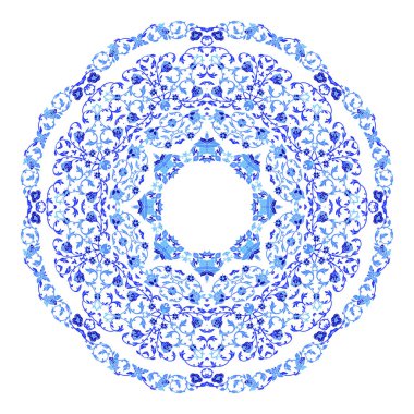 Hint takı, sürekli değişen çiçek desenli, mandala yuvarlak. Rus gzhel stil ve renkleri yapılan tasarım.