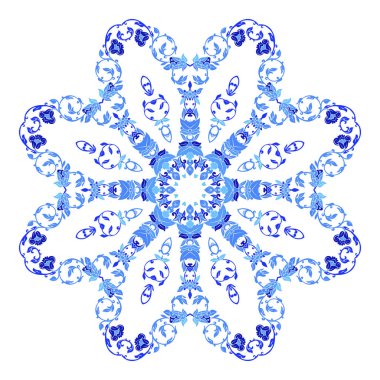 Hint takı, sürekli değişen çiçek desenli, mandala yuvarlak. Rus gzhel stil ve renkleri yapılan tasarım.