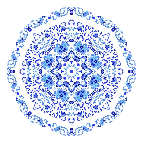 Adorno indio redondo, patrón floral caleidoscópico, mandala. Diseño hecho en estilo gzhel ruso y colores . — Vector de stock