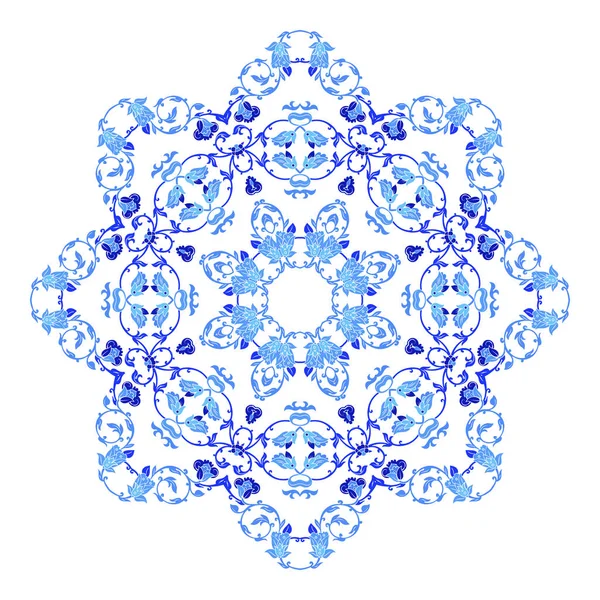 Adorno indio redondo, patrón floral caleidoscópico, mandala. Diseño hecho en estilo gzhel ruso y colores . — Vector de stock