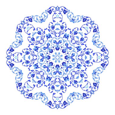 Hint takı, sürekli değişen çiçek desenli, mandala yuvarlak. Rus gzhel stil ve renkleri yapılan tasarım.