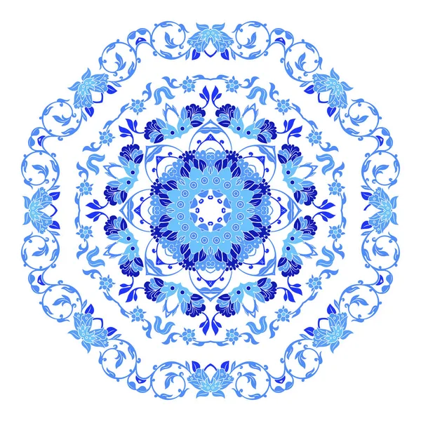 Indisches rundes Ornament, kaleidoskopisches Blumenmuster, Mandala. Design in russischem Gzhel-Stil und Farben. — Stockvektor