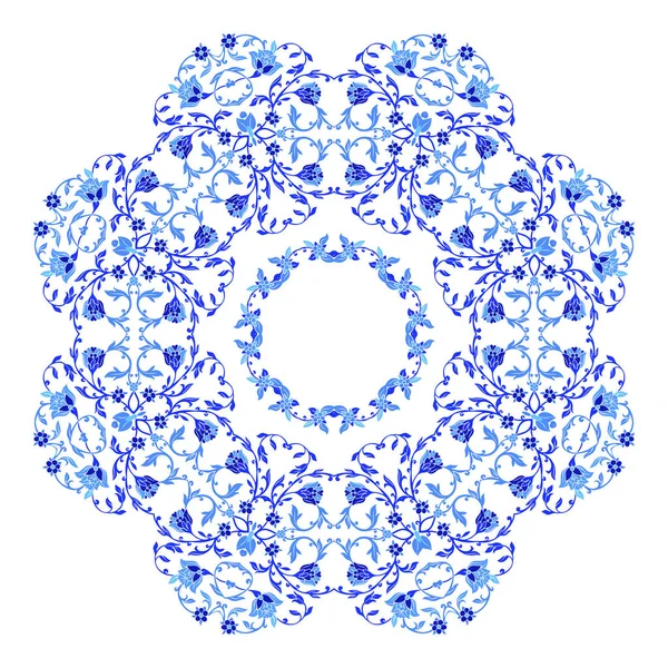 Adorno indio redondo, patrón floral caleidoscópico, mandala. Diseño hecho en estilo gzhel ruso y colores . — Vector de stock