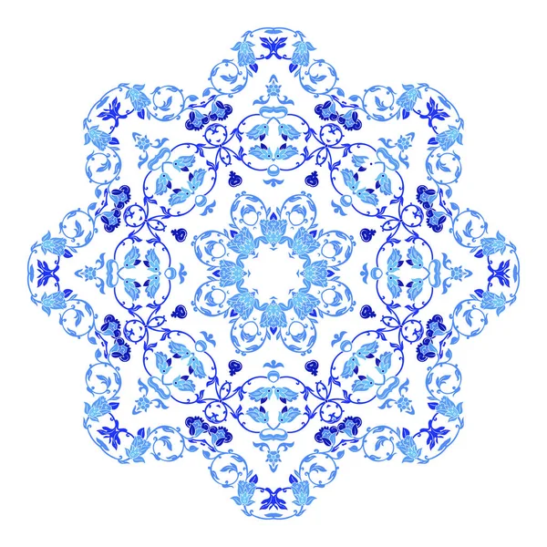 Adorno indio redondo, patrón floral caleidoscópico, mandala. Diseño hecho en estilo gzhel ruso y colores . — Vector de stock