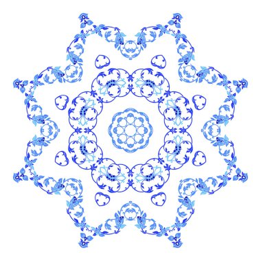 Hint takı, sürekli değişen çiçek desenli, mandala yuvarlak. Rus gzhel stil ve renkleri yapılan tasarım