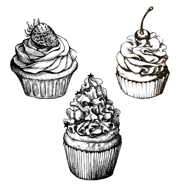 Fondo vectorial monocromo. Colección de cupcakes dulces dibujados a mano con fresa y cereza. Set para tarjeta de felicitación, postal o libro para colorear para adultos. Lindo alimento ilustración . — Archivo Imágenes Vectoriales