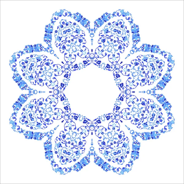 Indian round ornament, kaleidoscopic floral pattern, mandala. Design made in Russian gzhel style and colors — Stock Vector