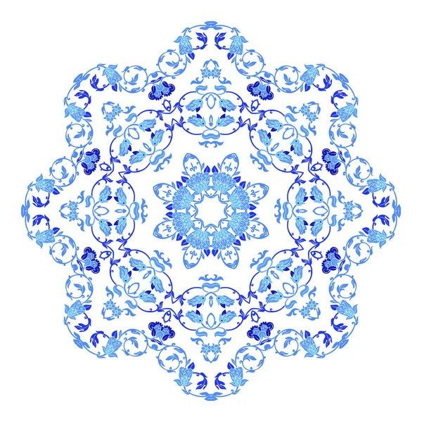 Adorno indio redondo, patrón floral caleidoscópico, mandala. Diseño hecho en estilo gzhel ruso y colores — Vector de stock