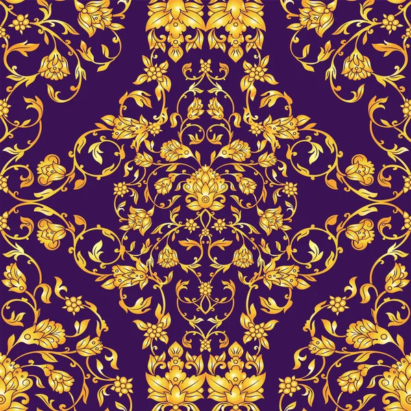 Modèle sans couture vectoriel orné dans le style oriental sur fond violet profond. Décoration florale vintage ornementale pour invitations de mariage et cartes de vœux. Décor doré traditionnel . — Image vectorielle