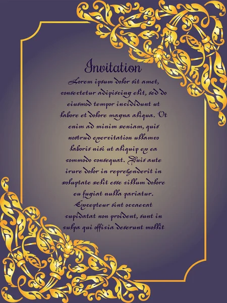 Cartão decorativo dourado com moldura antiga, azul e vintage de luxo, banner vitoriano, livreto de estilo barroco, padrão de moda, modelo para design — Vetor de Stock
