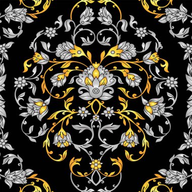 Çiçek dekore edilmiş davetiyeli antika, lüks gümüş ve altın siyah arka plan, Viktorya dönemi afiş, vintage süsleme Şam Barok tarzı kitapçık, moda model, tasarım şablonu