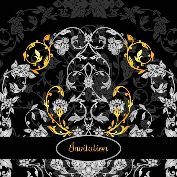 Tarjeta de invitación decorada floral con adornos antiguos, de plata de lujo y oro vintage sobre fondo negro, bandera victoriana, folleto de estilo barroco damasco, patrón de moda, plantilla para diseño — Vector de stock