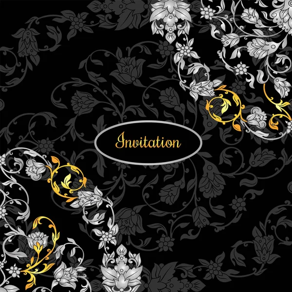 アンティーク、高級シルバー、ゴールドと花の装飾招待状カード黒い背景、ビクトリア朝のバナーにビンテージ髪飾りダマスク バロック様式の小冊子、ファッションのパターン、デザイン用テンプレート — ストックベクタ
