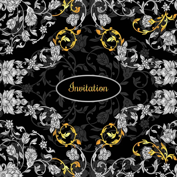 Floral διακόσμηση προσκλητήριο με αντίκες, πολυτέλεια ασημένιος και χρυσός vintage κόσμημα σε μαύρο φόντο, βικτοριανό banner, damask μπαρόκ στυλ φυλλαδίου, σχέδιο μόδας, πρότυπο για το σχεδιασμό — Διανυσματικό Αρχείο