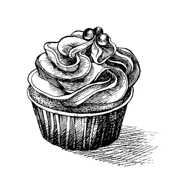 Векторный черно-белый эскиз иллюстрации милый сливочно-сладкий кекс с большой глазурью. можно использовать для поздравительных открыток или приглашений на вечеринку . — стоковый вектор