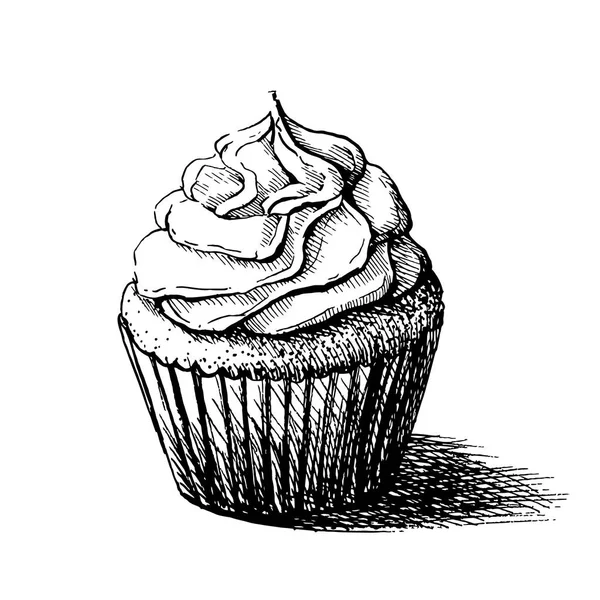 Векторный черно-белый эскиз иллюстрации милый сливочно-сладкий кекс. можно использовать для поздравительных открыток или приглашений на вечеринку. — стоковый вектор