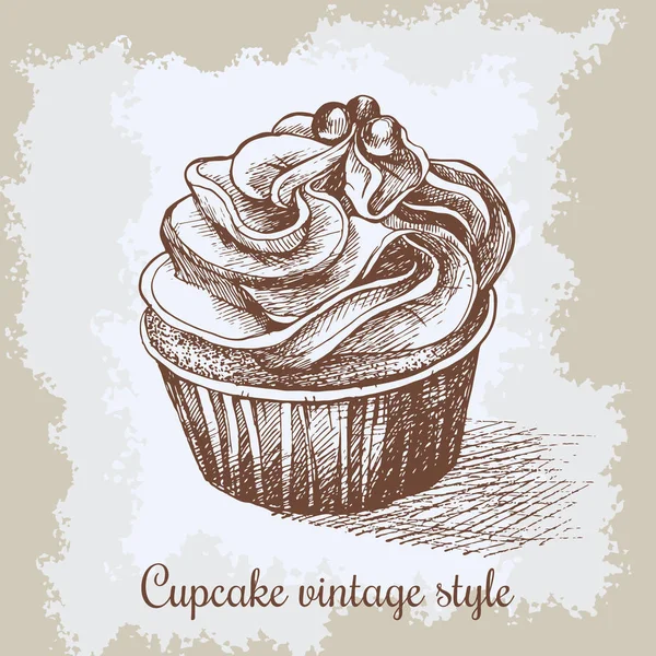 Sweet bakery decorated cupcakes hand drawn in vintage engraved style. Vector illustration on beige aged background. — Stock Vector