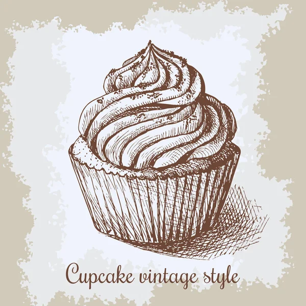 Pastelería dulce decorado cupcakes mano dibujada en estilo grabado vintage. Ilustración vectorial sobre fondo beige envejecido . — Vector de stock