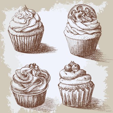 Tatlı ekmek kümesi cupcakes elle vintage oyulmuş tarzda çizilmiş dekore edilmiştir. Arka plan bej üzerinde vektör çizim yaşlı.