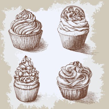 Tatlı ekmek kümesi cupcakes elle vintage oyulmuş tarzda çizilmiş dekore edilmiştir. Arka plan bej üzerinde vektör çizim yaşlı.
