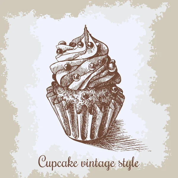 Sweet bakery decorated cupcakes hand drawn in vintage engraved style. Vector illustration on beige aged background. — Stock Vector