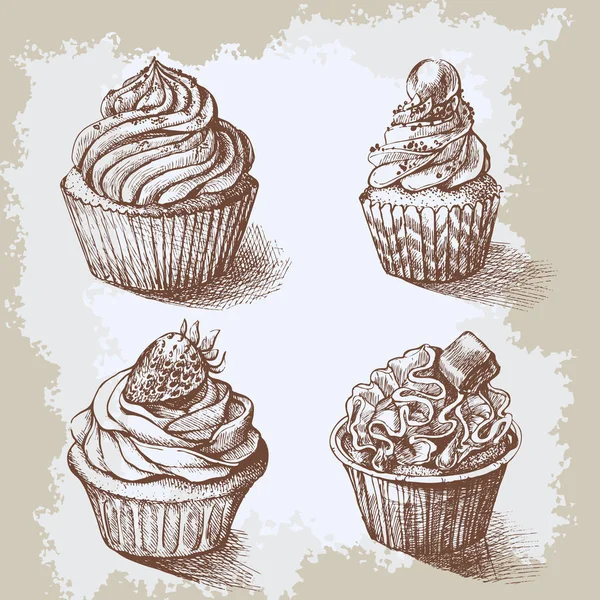 Σύνολο γλυκό αρτοποιείο διακοσμημένα cupcakes χέρι σε vintage στυλ χαραγμένο. Εικονογράφηση διάνυσμα σε μπεζ ηλικίας φόντο. — Διανυσματικό Αρχείο
