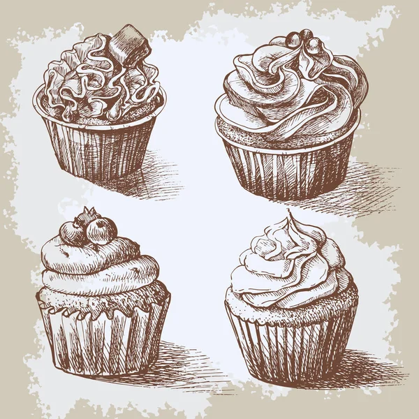 Set von süßen Backwaren dekoriert Cupcakes handgezeichnet in Vintage-Stil graviert. Vektor-Illustration auf beigem Hintergrund. — Stockvektor