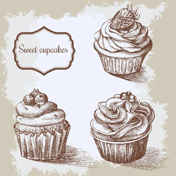 Set de pastelería dulce decorada a mano con cupcakes dibujados en estilo vintage grabado. Ilustración vectorial sobre fondo beige envejecido . — Archivo Imágenes Vectoriales