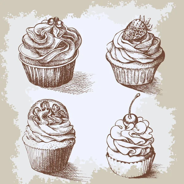 Conjunto de pastelaria doce decorado cupcakes mão desenhada em estilo vintage gravado. Ilustração vetorial sobre fundo bege envelhecido . —  Vetores de Stock