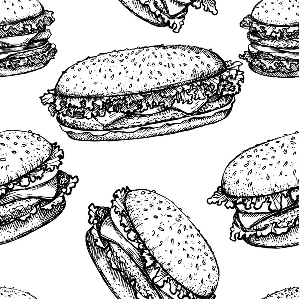 햄버거 또는 햄버거 벡터 완벽 한 패턴을 스케치. 패스트 푸드, 레스토랑 배경 벽지에 그려진된 그림을 손 — 스톡 벡터