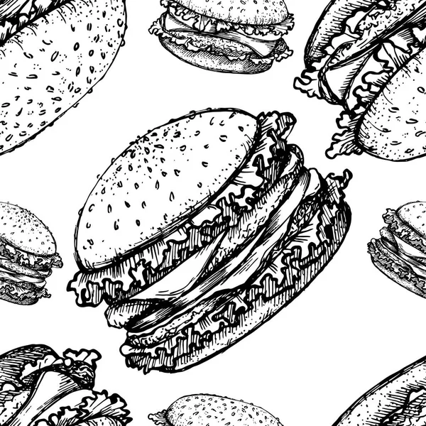 Sketch hamburger or burger vector seamless pattern. fast food, restaurant background.Hand drawn illustration for wallpaper — Stock Vector